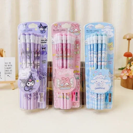 Sanrio l pices de 12 piezas Cinnamoroll bonito Kuromi Hb con goma de borrar sacapuntas