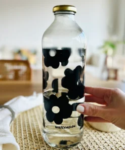 Botella De Vidrio - Flores Negras