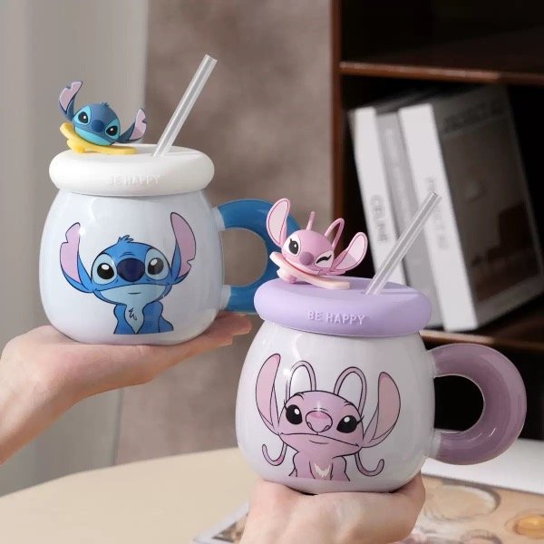 Taza Ceramica C/Tapa - Stitch y Angel