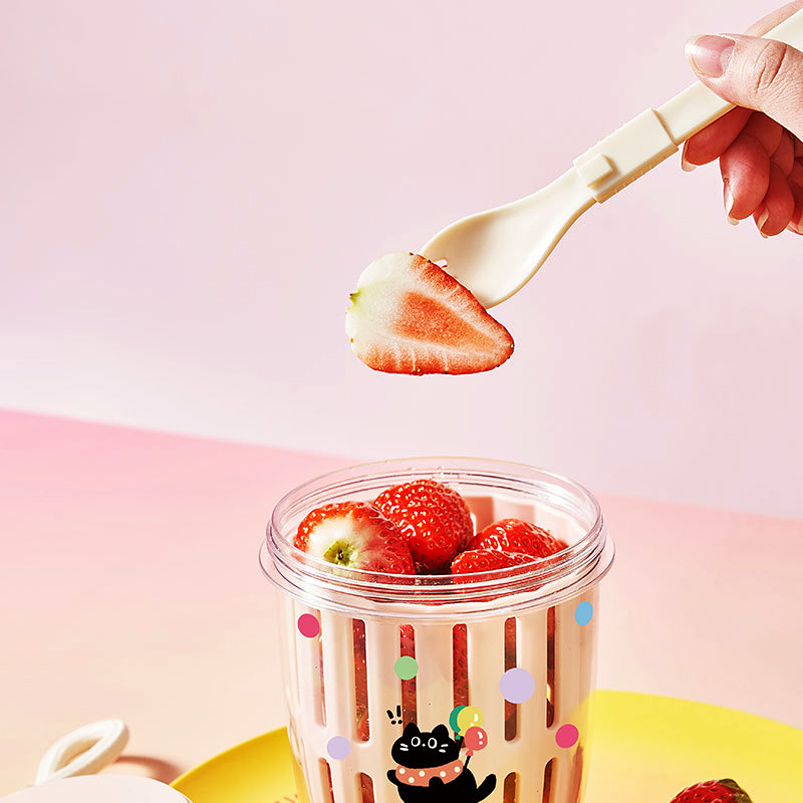 Vaso Escurridor p/ Frutas + Cubierto - Happy Gatito - Imagen 2